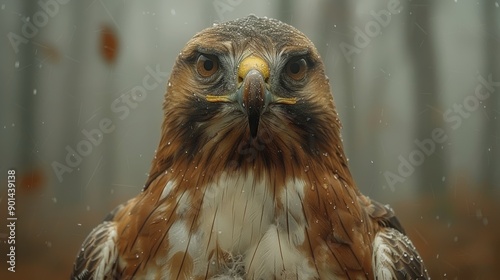 Majestic Red-Tailed Hawk Staring Intently in a Mystical Forest During a Gentle Snowfall photo