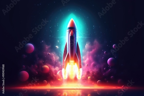 Colorful Rocket Launch Surrounded by Bright Lights and Vibrant Clouds at Night