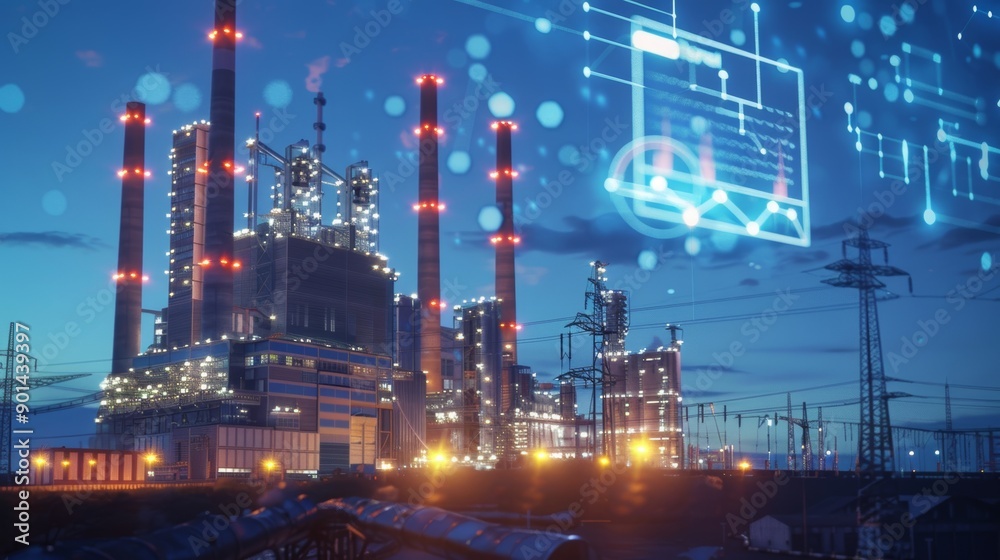 Green Energy Revolution Futuristic Power Plant at Dusk with Renewable Energy Data Visualization