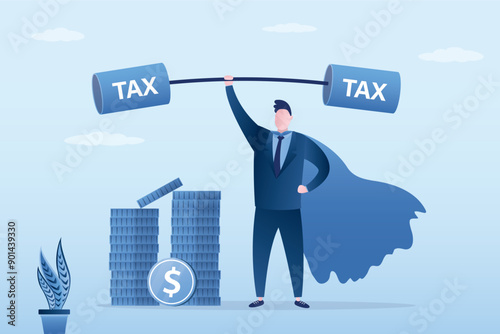 Confident man withstands high and heavy tax burden. Strong businessman hero holding dumbbell. High taxes for corporations and self-employed people. Tax burden,