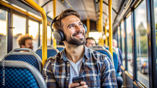 Happy man listening music over headphones in bus-