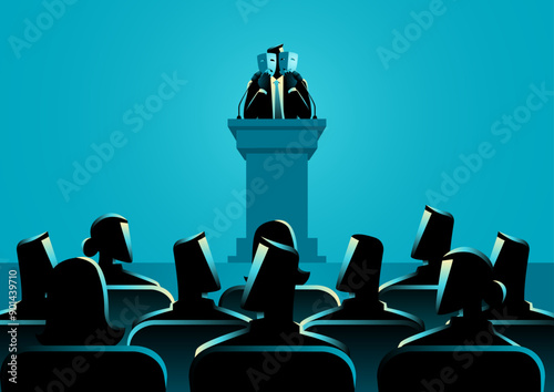 Politician holding both a happy and a sad mask on the podium, symbol of the political personas, conveying the duality of expressions in the public eye, satirical themes, multifaceted world of politics