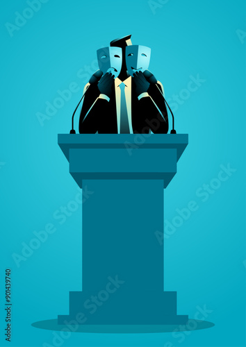 Politician holding both a happy and a sad mask on the podium, symbol of the political personas, conveying the duality of expressions in the public eye, satirical themes, multifaceted world of politics