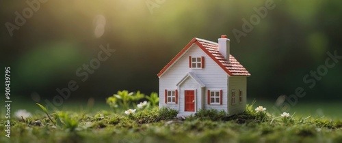 Spring background with a tiny toy house symbolizing family mortgage construction rental and property concepts Eco friendly home design template with space for. photo