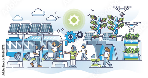 City utilizing sustainable energy for modern infrastructure outline concept, transparent background. Sustainable urban environment with electric public transportation.