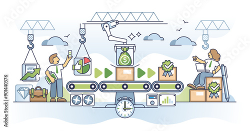 Productivity and effective work with process automation outline concept, transparent background. Manufacturing using smart technology, innovation and modern task organization illustration.