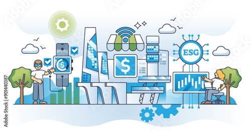 Financial green wave with sustainable money transfer methods outline concept, transparent background. Innovative technology for environmental social governance strategy illustration.