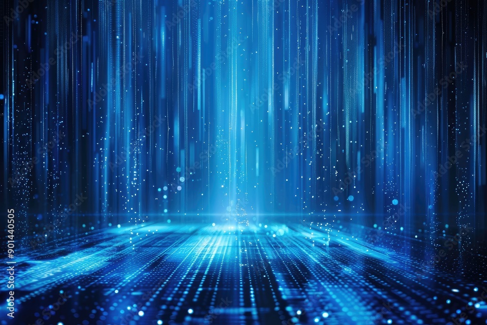 Glowing Blue Data Rain Illuminating an Abstract Digital Landscape at Dawn Glowing Blue Data Rain Illuminating an Abstract Digital Landscape at Dawn