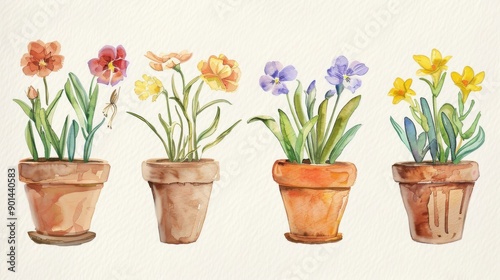 Wallpaper Mural A charming illustration of potted flowers in various colors, showcasing beauty and nature in a watercolor style. Torontodigital.ca