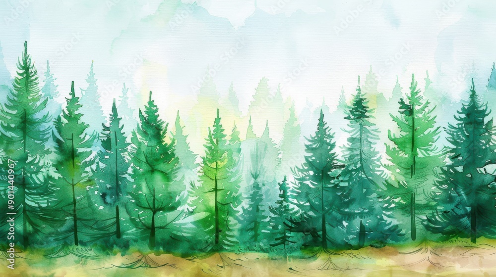 Fototapeta premium A serene watercolor illustration of lush green trees in a misty forest, evoking tranquility and natural beauty.