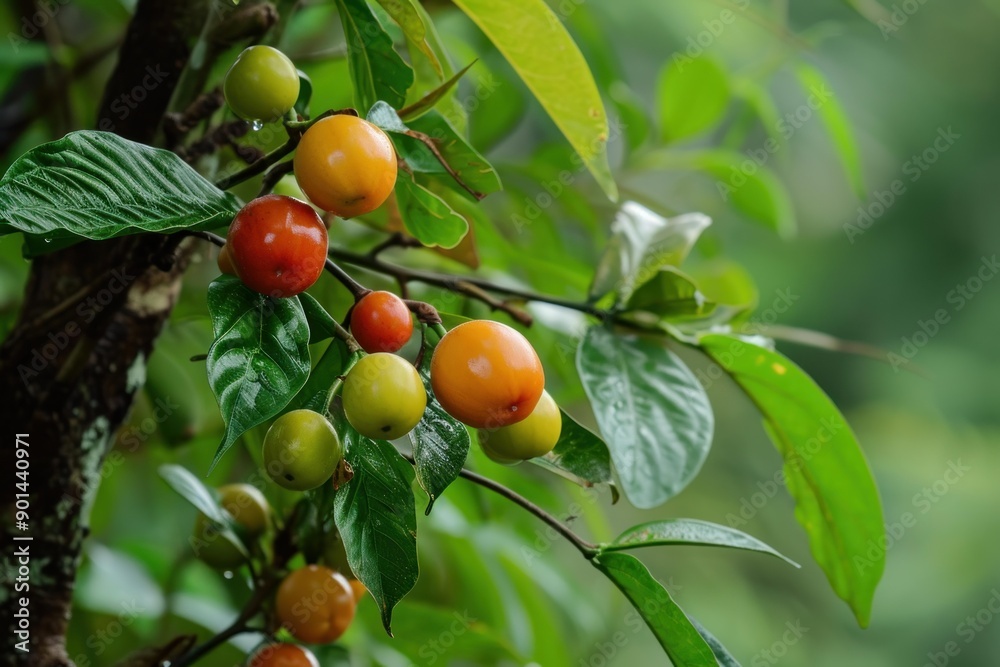 Close-up of colorful coffee cherries at various stages of ripeness on a tree, with a blurred green background Close-up of colorful coffee cherries at various stages of ripeness on a tree, with a blurred green background