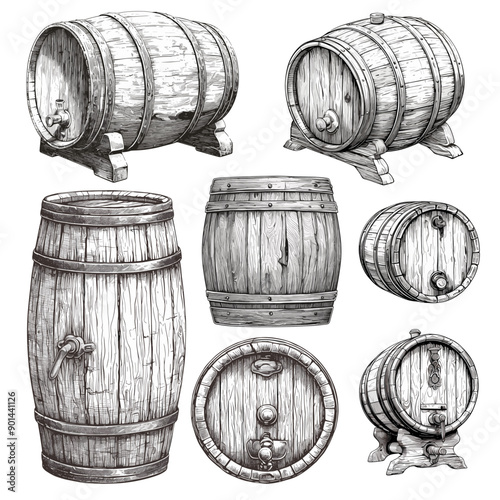 wine barrel. wine grapes drink sketch drawing engraving ink line art, vector illustration