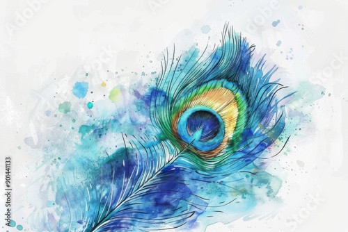 A vibrant watercolor depiction of a peacock feather, showcasing stunning blues and greens with a hint of artistic flair. photo
