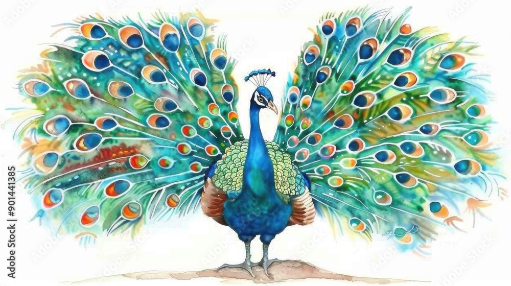 Fototapeta premium A vibrant watercolor painting of a peacock, showcasing its exquisite plumage in a stunning array of colors and patterns.