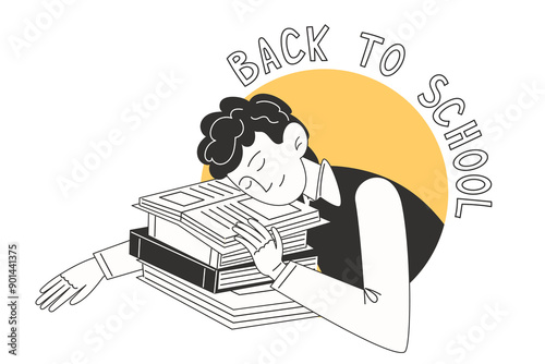 A schoolboy fell asleep on top of a pile of books