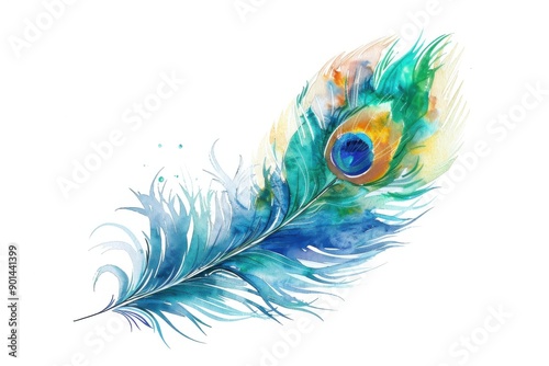 A vibrant watercolor painting of a peacock feather showcasing stunning colors and intricate details.