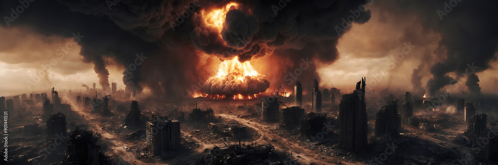 Dramatic nuclear explosion's mushroom cloud rising over a modern city skyline. Illustrating apocalyptic scenarios, war consequences, or environmental disaster concepts. Dramatic nuclear explosion's mushroom cloud rising over a modern city skyline. Illustrating apocalyptic scenarios, war consequences, or environmental disaster concepts.