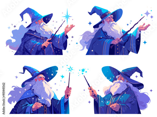 wizard. magician magic fairy tale trick spell charm magic hat. flat vector illustration