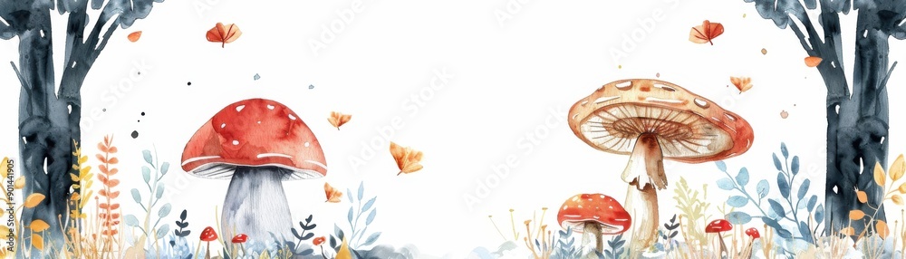 Enchanting watercolor illustration of mushrooms framed by trees and delicate butterflies, perfect for nature-themed designs.