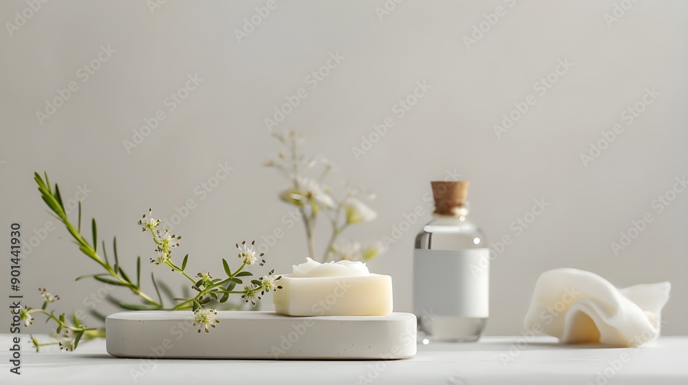 Skincare Container with Shea Butter and Wooden Scoop on White Background with Flowers. Copy Space. Minimalist Skincare Container with Shea Butter and Wooden Scoop on White Background with Flowers. Copy Space. Minimalist