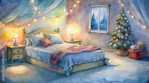 A cozy room decorated with Christmas ornaments. A glowing Christmas tree.