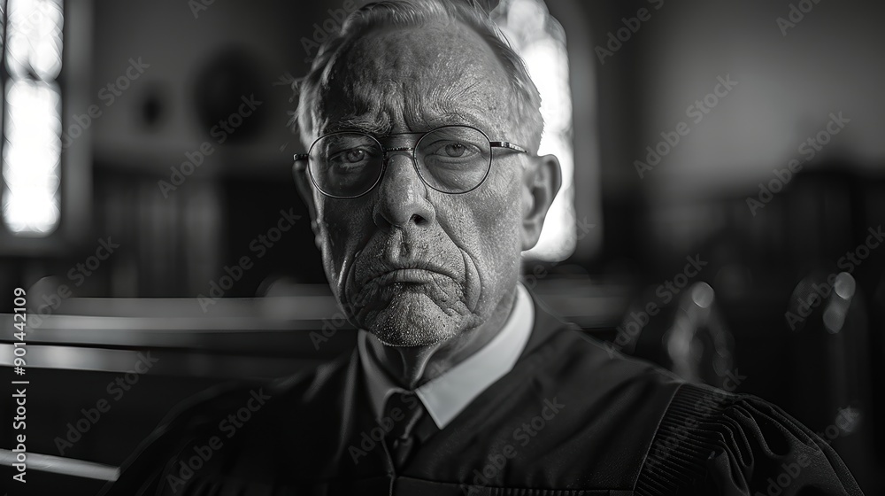 A solemn elderly man wearing glasses and a judicial robe, with a serious expression on his face, sits in the pews of an old courtroom with intricate wooden details and stained glass windows in the A solemn elderly man wearing glasses and a judicial robe, with a serious expression on his face, sits in the pews of an old courtroom with intricate wooden details and stained glass windows in the