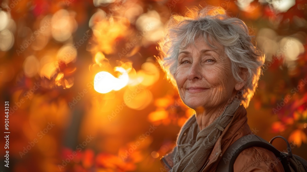Elderly woman enjoying a beautiful autumn day in the park with vibrant fall foliage and golden sunlight creating a warm and serene atmosphere Elderly woman enjoying a beautiful autumn day in the park with vibrant fall foliage and golden sunlight creating a warm and serene atmosphere
