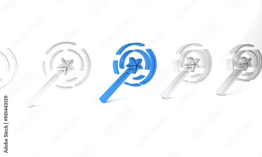 Blue Magic wand icon isolated on white background. Star shape magic accessory. Magical power. Minimalism concept. 3D render illustration Blue Magic wand icon isolated on white background. Star shape magic accessory. Magical power. Minimalism concept. 3D render illustration