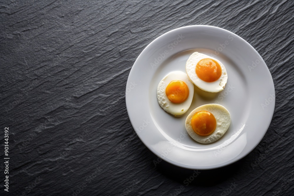 Freshly cooked eggs on a crisp white plate sit atop a sleek black stone surface, surrounded by ample copy space, evoking a sense of morning vitality. Freshly cooked eggs on a crisp white plate sit atop a sleek black stone surface, surrounded by ample copy space, evoking a sense of morning vitality.
