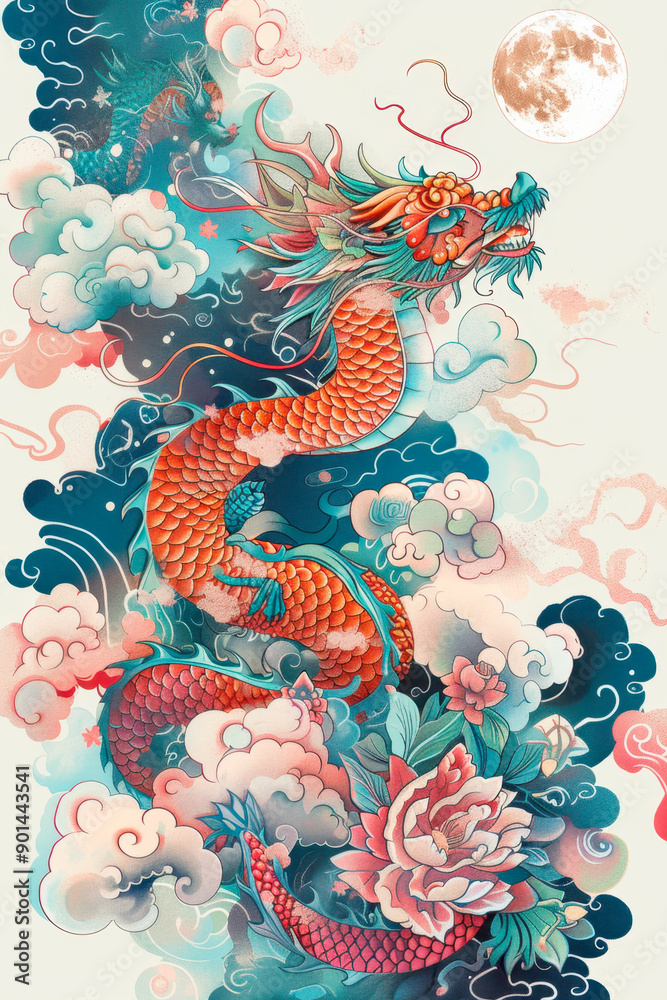 Chinese dragon with full moon and clouds. Illustration of Chinese zodiac. Chinese dragon with full moon and clouds. Illustration of Chinese zodiac.
