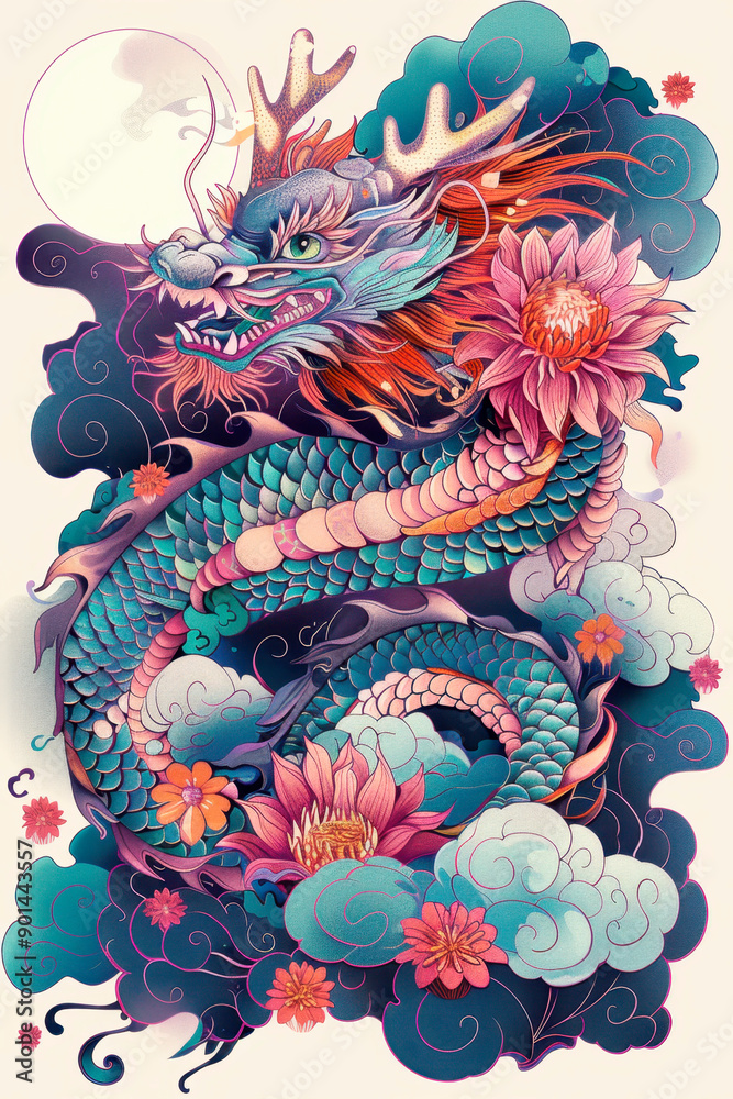 Chinese dragon with full moon and clouds. Illustration of Chinese zodiac. Chinese dragon with full moon and clouds. Illustration of Chinese zodiac.