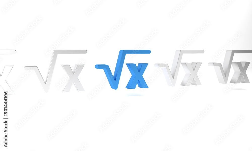 Blue Square root of x glyph icon isolated on white background. Mathematical expression. Minimalism concept. 3D render illustration