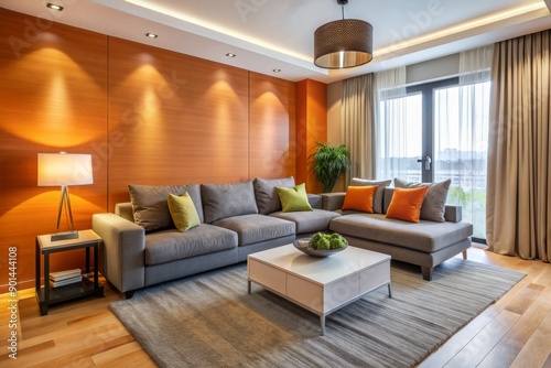 Vibrant orange accent wall contrasts with sleek gray furnishings and plush cream-colored fabrics in this modern cozy living room's contemporary interior design. © DigitalArt Max