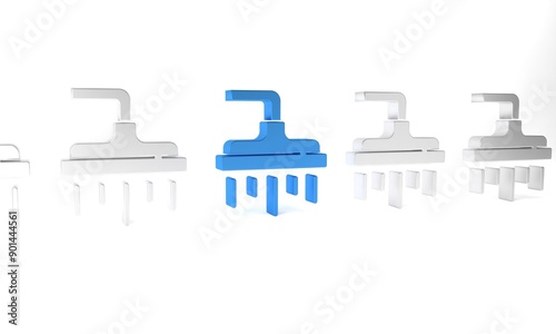 Blue Shower head with water drops flowing icon isolated on white background. Minimalism concept. 3D render illustration