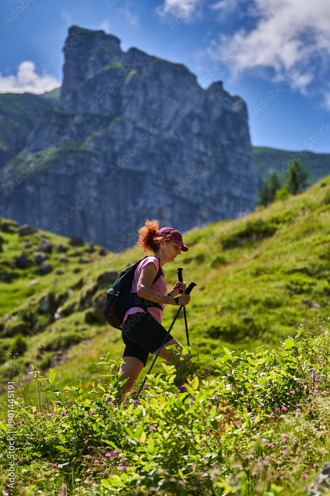Naklejka premium Woman hiker with poles and backpack