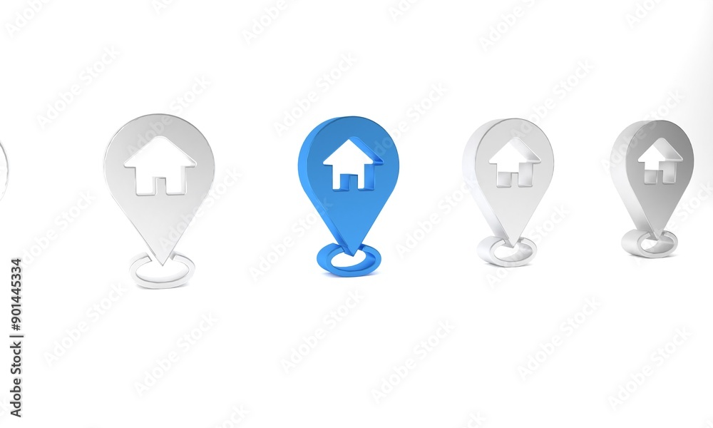 Blue Map pointer with house icon isolated on white background. Home location marker symbol. Minimalism concept. 3D render illustration Blue Map pointer with house icon isolated on white background. Home location marker symbol. Minimalism concept. 3D render illustration