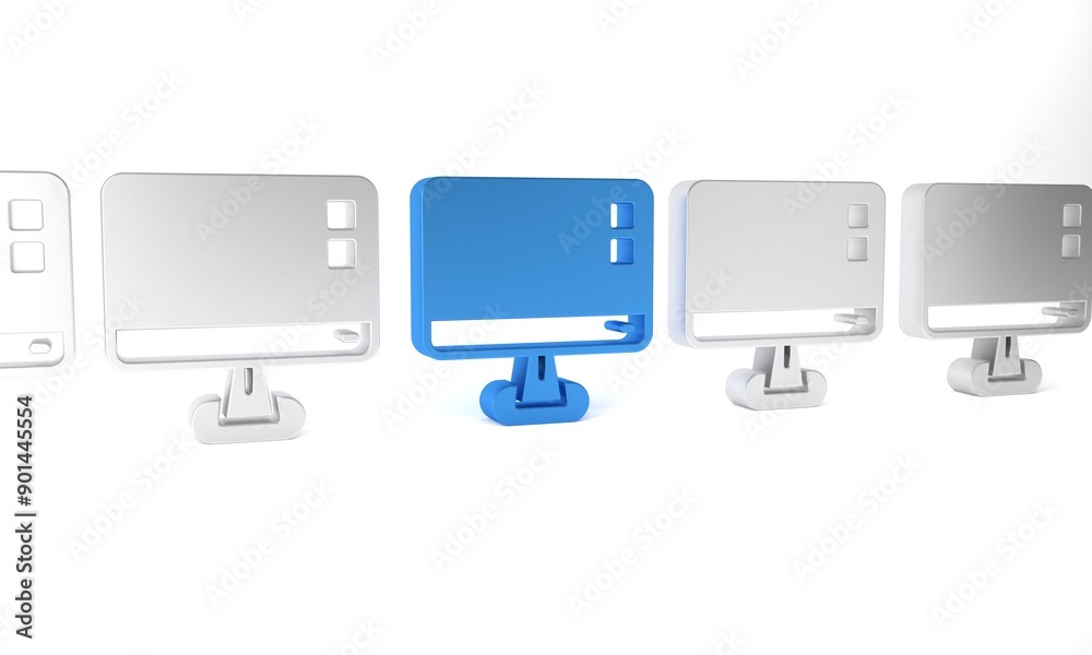 Blue Computer monitor screen icon isolated on white background. Electronic device. Front view. Minimalism concept. 3D render illustration Blue Computer monitor screen icon isolated on white background. Electronic device. Front view. Minimalism concept. 3D render illustration