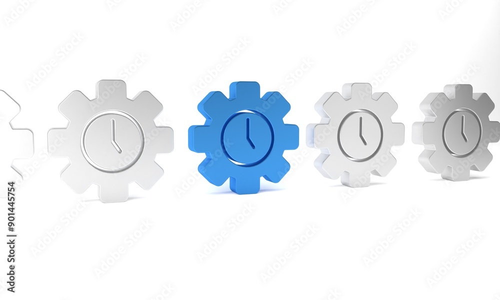 Blue Time Management icon isolated on white background. Clock and gear sign. Productivity symbol. Minimalism concept. 3D render illustration Blue Time Management icon isolated on white background. Clock and gear sign. Productivity symbol. Minimalism concept. 3D render illustration