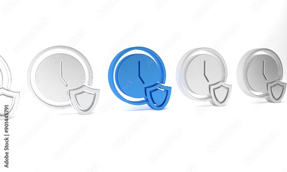 Blue Clock with shield icon isolated on white background. Security, safety, protection, privacy concept. Minimalism concept. 3D render illustration Blue Clock with shield icon isolated on white background. Security, safety, protection, privacy concept. Minimalism concept. 3D render illustration