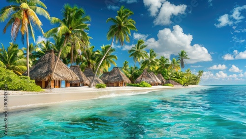 Tranquil Tropical Beach With Crystal Clear Water and Lush Palm Trees at Sunrise