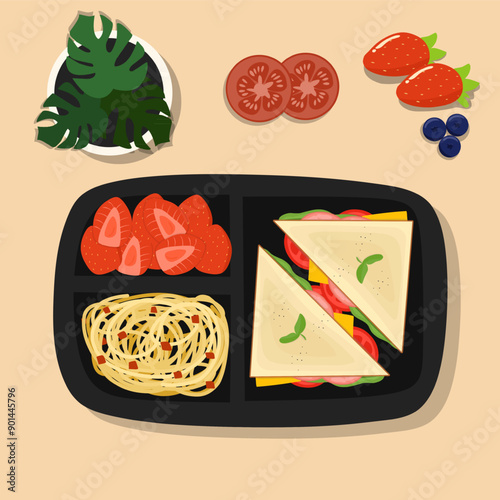 set of School lunch box with sandwich, vegetables, water, spaghetti and fruits on table. Vector illustration 