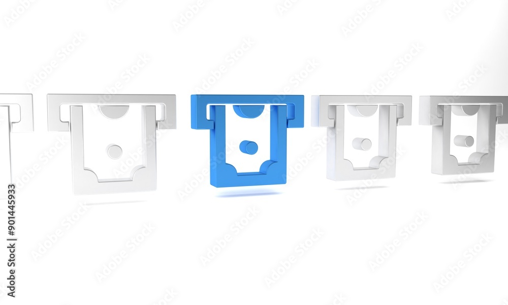 Blue ATM - Automated teller machine and money icon isolated on white background. Minimalism concept. 3D render illustration Blue ATM - Automated teller machine and money icon isolated on white background. Minimalism concept. 3D render illustration