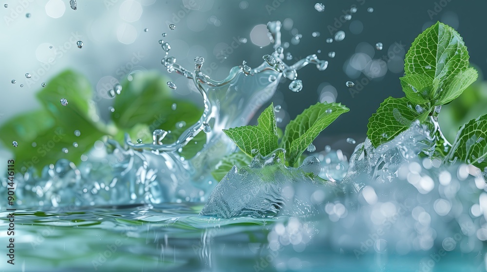 Water and mint leaves combine in refreshing burst . Crisp and revitalizing Splash of freshness background. Water and mint leaves combine in refreshing burst . Crisp and revitalizing Splash of freshness background.