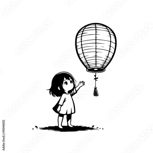 Child letting go of a paper lantern in celebration of Chinese Moon Festival vector illustration. simple black and white illustration of paper lantern for Chinese new year festivities