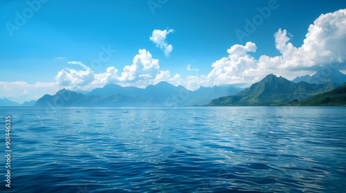 Blue sea and mountains against the blue sky.