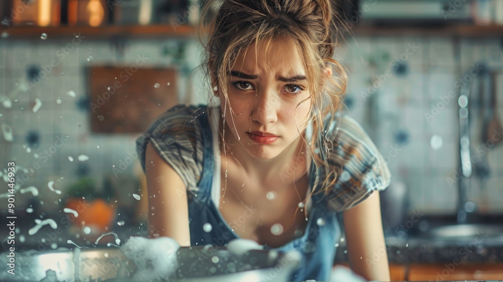 Young woman with a displeased expression, scrubbing a pot in the kitchen. Young woman with a displeased expression, scrubbing a pot in the kitchen.
