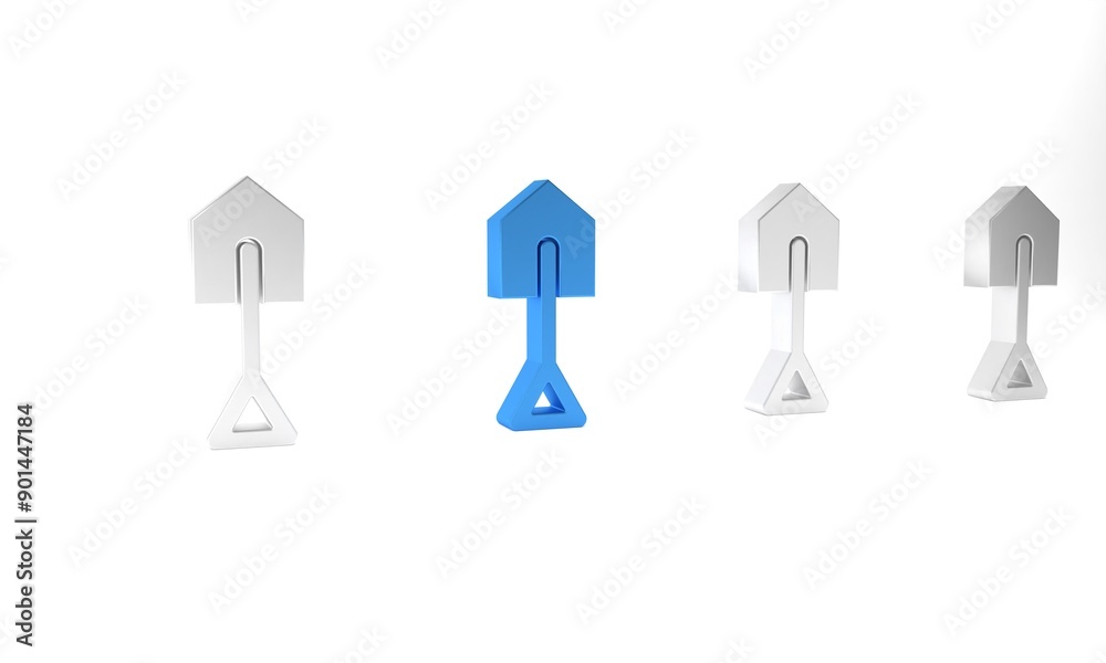 Blue Shovel icon isolated on white background. Gardening tool. Tool for horticulture, agriculture, farming. Minimalism concept. 3D render illustration Blue Shovel icon isolated on white background. Gardening tool. Tool for horticulture, agriculture, farming. Minimalism concept. 3D render illustration