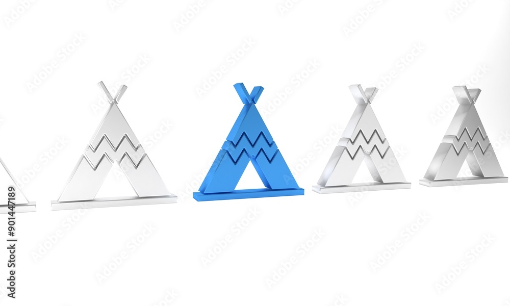Blue Traditional indian teepee or wigwam icon isolated on white background. Indian tent. Minimalism concept. 3D render illustration Blue Traditional indian teepee or wigwam icon isolated on white background. Indian tent. Minimalism concept. 3D render illustration