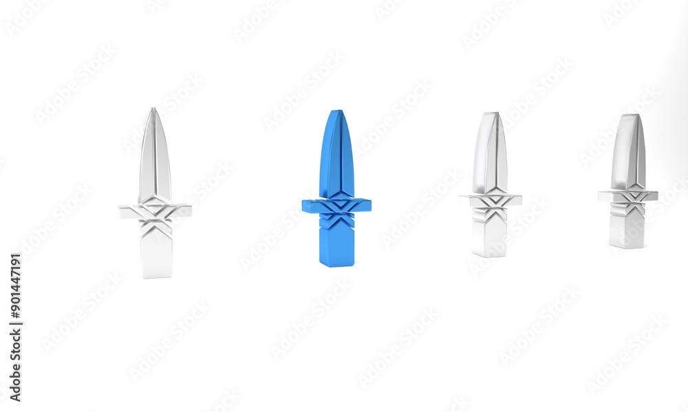 Blue Dagger icon isolated on white background. Knife icon. Sword with sharp blade. Minimalism concept. 3D render illustration Blue Dagger icon isolated on white background. Knife icon. Sword with sharp blade. Minimalism concept. 3D render illustration