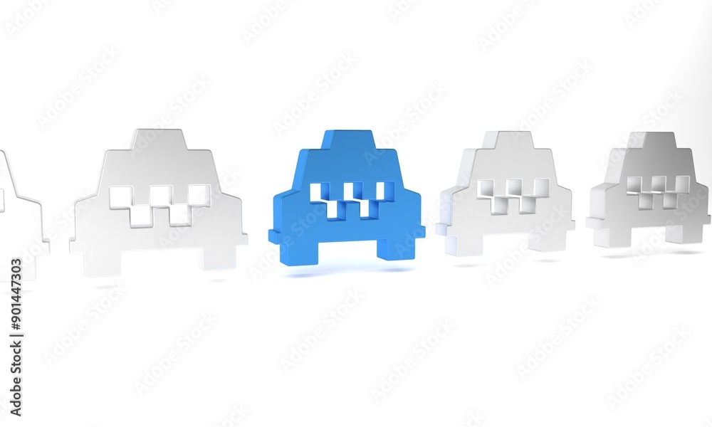 Blue Taxi car icon isolated on white background. Minimalism concept. 3D render illustration